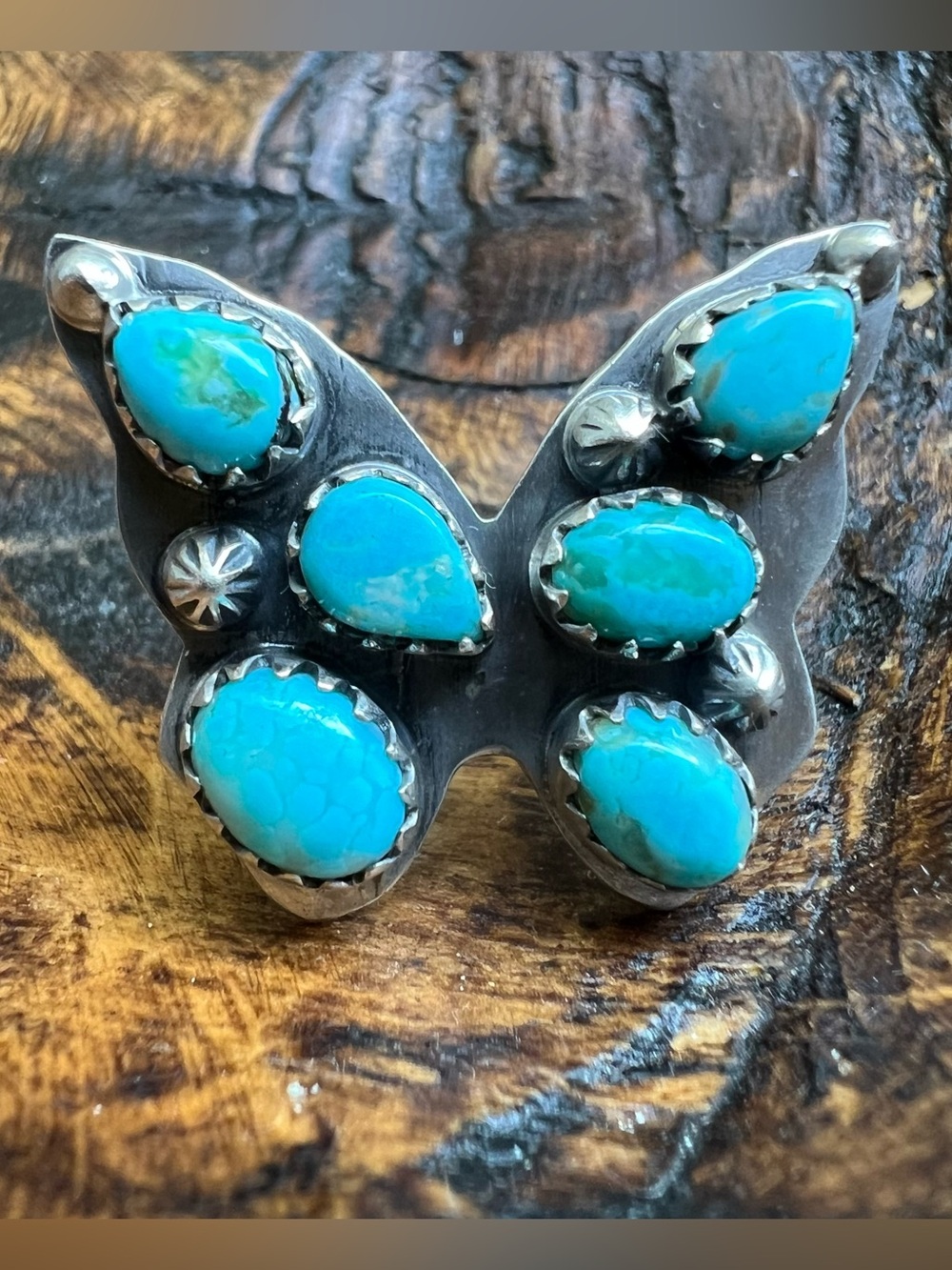 Sterling Silver Sonoran Gold Turquoise Butterfly Cluster Ring Size 6.5